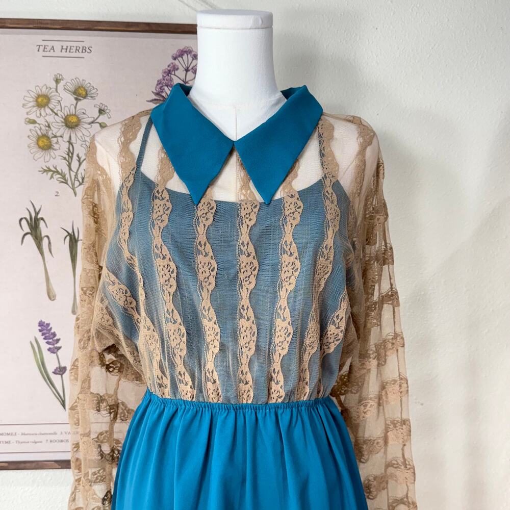 Vintage 90s Y2k Collared Sheer Lace Mini Dress Mod Retro Whimsy Twee 70s Style M - Picture 2 of 9